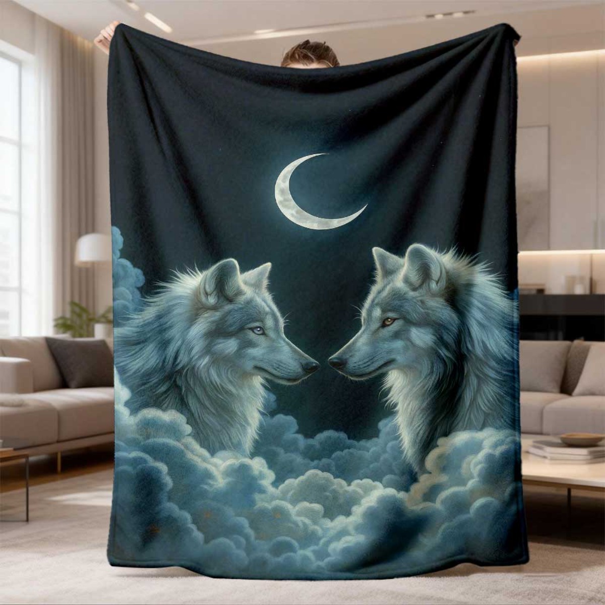 Home Textiles Face Towel - ผ้าห่มฟลานเนลลายหมาป่าคู่พระจันทร์เสี้ยว หมาป่าสีเทาสองตัวหันหน้าเข้าหากันในสายเมฆภายใต้แสงจันทร์เสี้ยวที่ส่องสว่าง