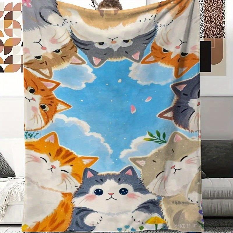 Home Textiles Face Towel - ผ้าห่มพิมพ์ลายหน้าแมวน่ารัก เหมาะสำหรับทุกฤดูกาล ใช้ได้กับห้องนั่งเล่น สำนักงาน โซฟา และการเดินทาง