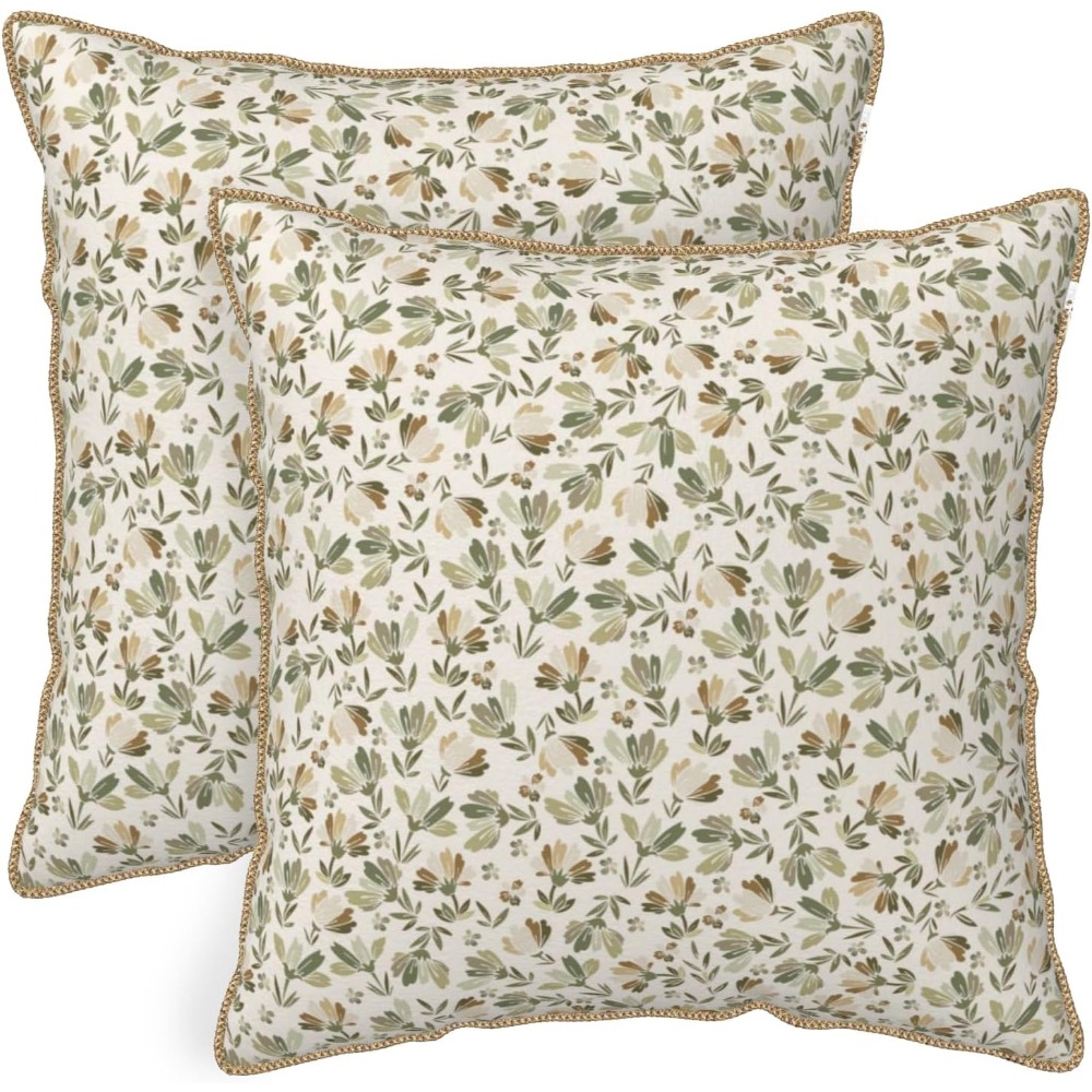 Pillow Insert 18X18 - ชุดปลอกหมอนอิงกำมะหยี่เนื้อนุ่ม ลายดอกไม้ สีเขียวเซจ-เบจ 2 ชิ้น ปลอกหมอนอิงตกแต่งลายดอกไม้สีน้ำตาลสไตล์วินเทจชนบท