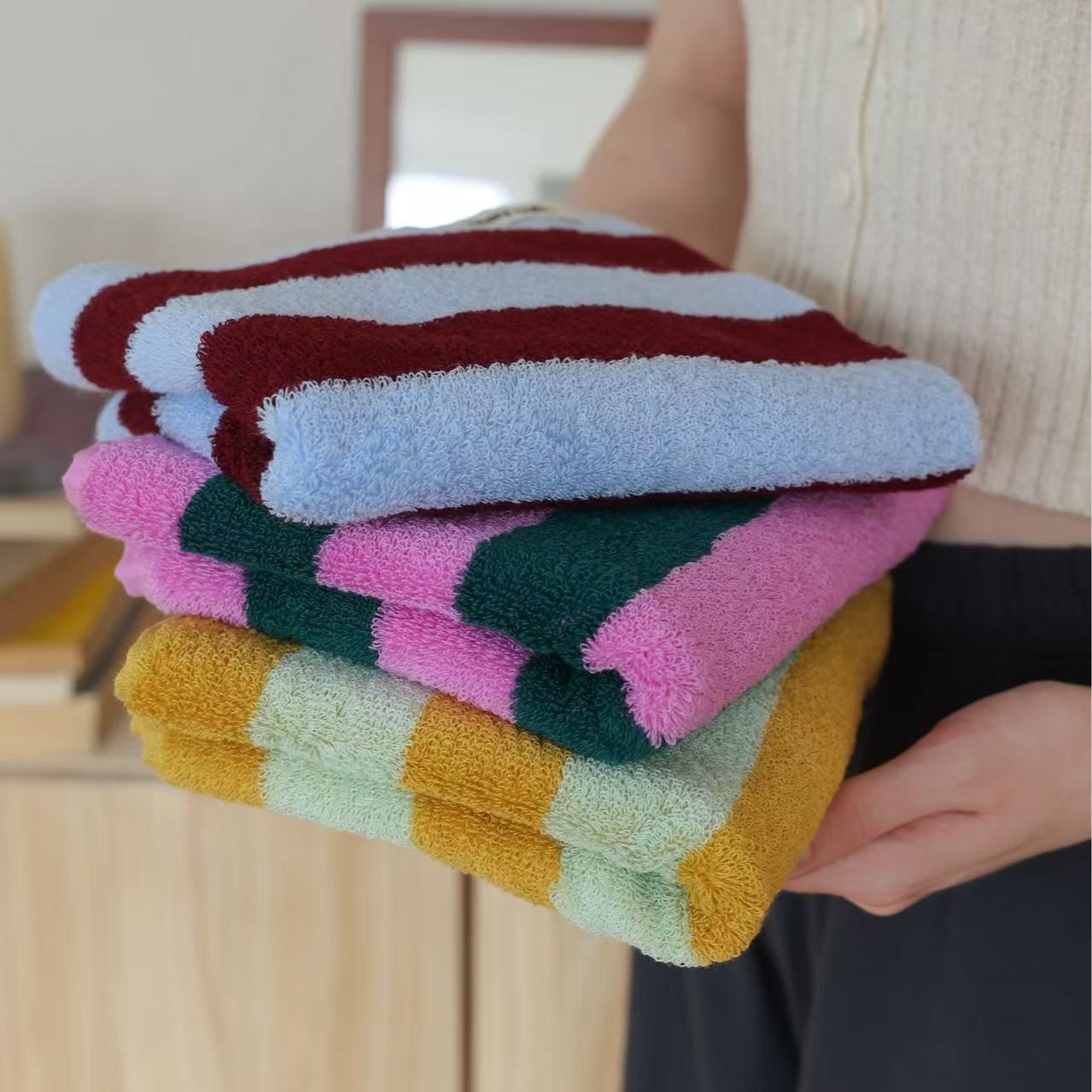 ผ้าขนหนูผ้าฝ้ายลายย้อนยุค ผ้าฝ - Home Textiles Face Towel บทวิจารณ์และราคา